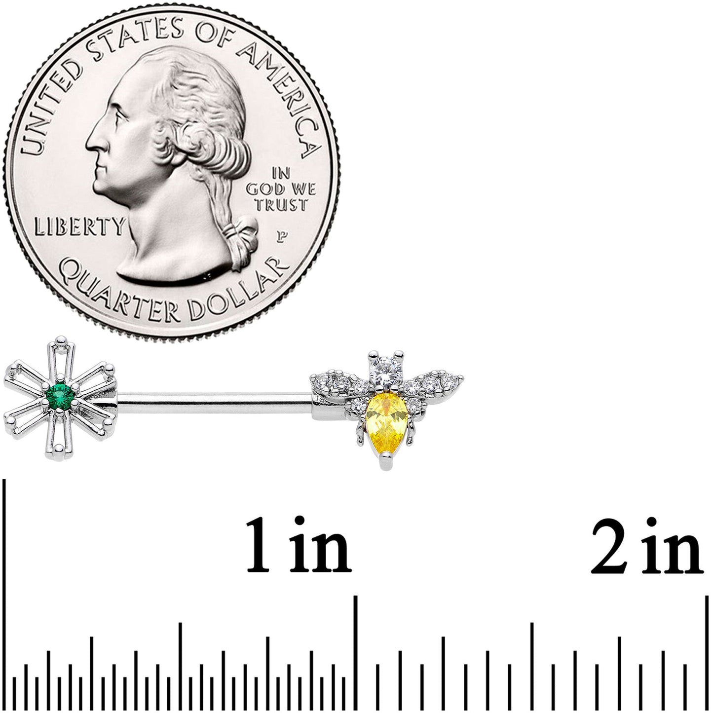 14G 9/16 Clear Yellow CZ Gem Bee Flower Barbell Nipple Ring Set