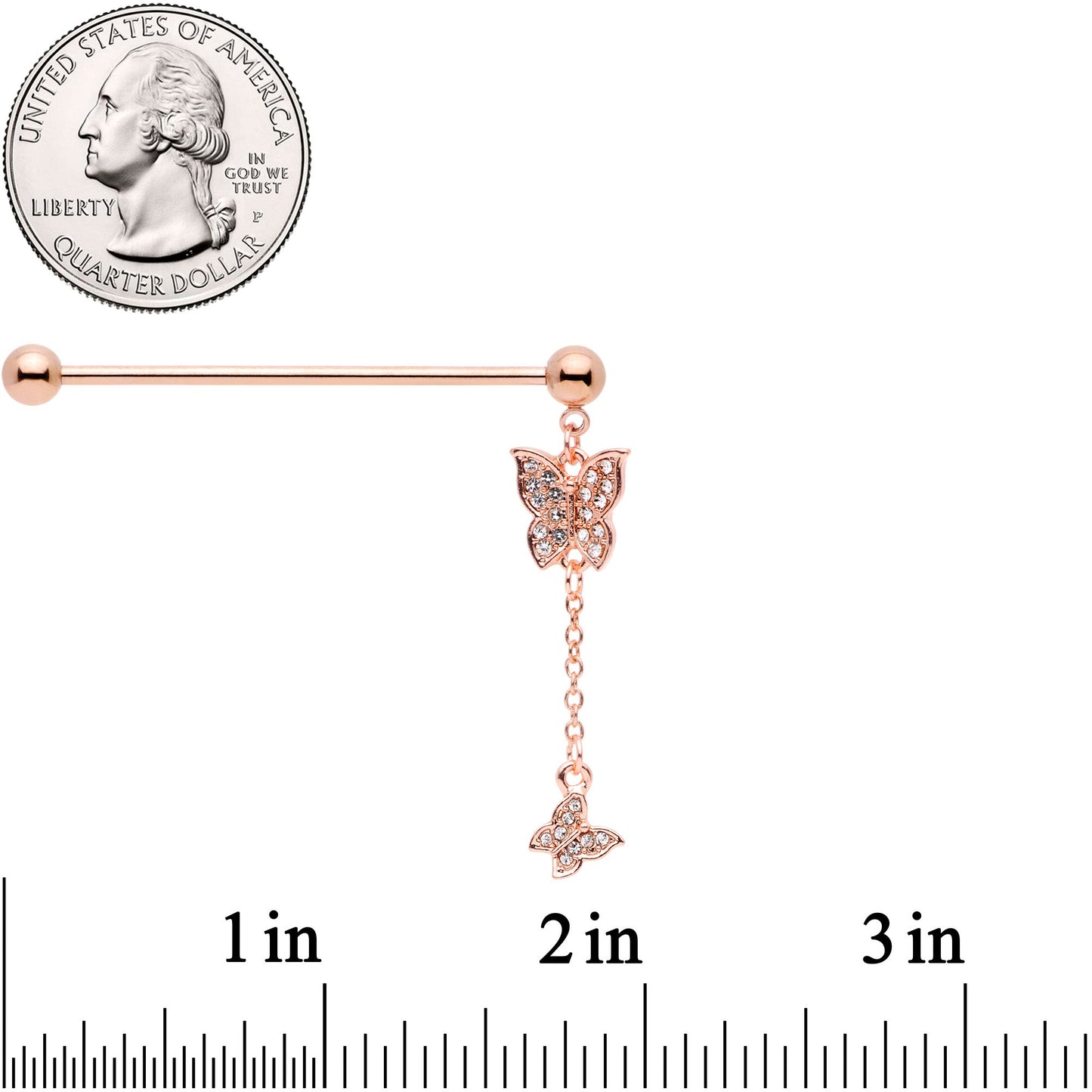 14G Clear Gem Rose Gold Tone Butterfly Dangle Industrial Barbell