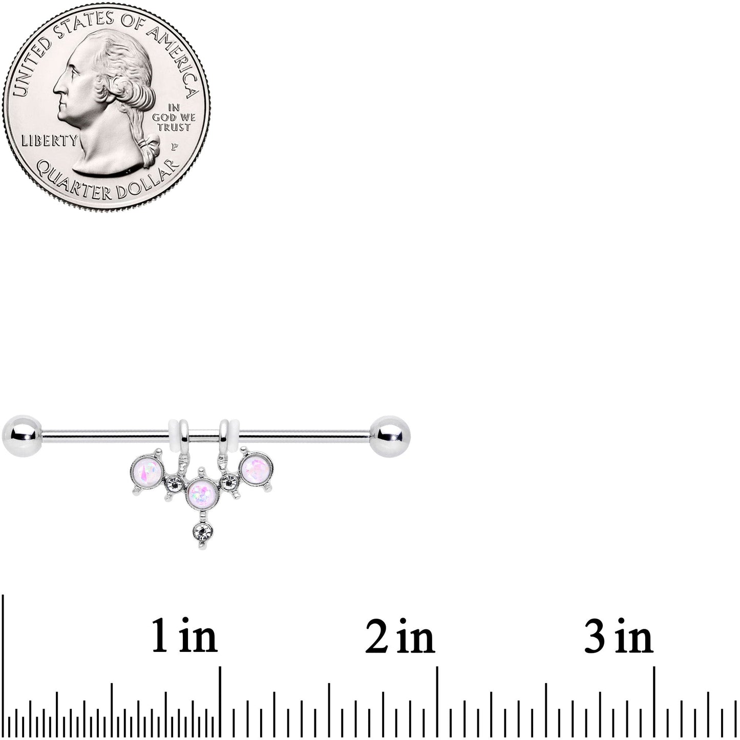 14G White Faux Opal Triad Dangle Industrial Barbell 38mm