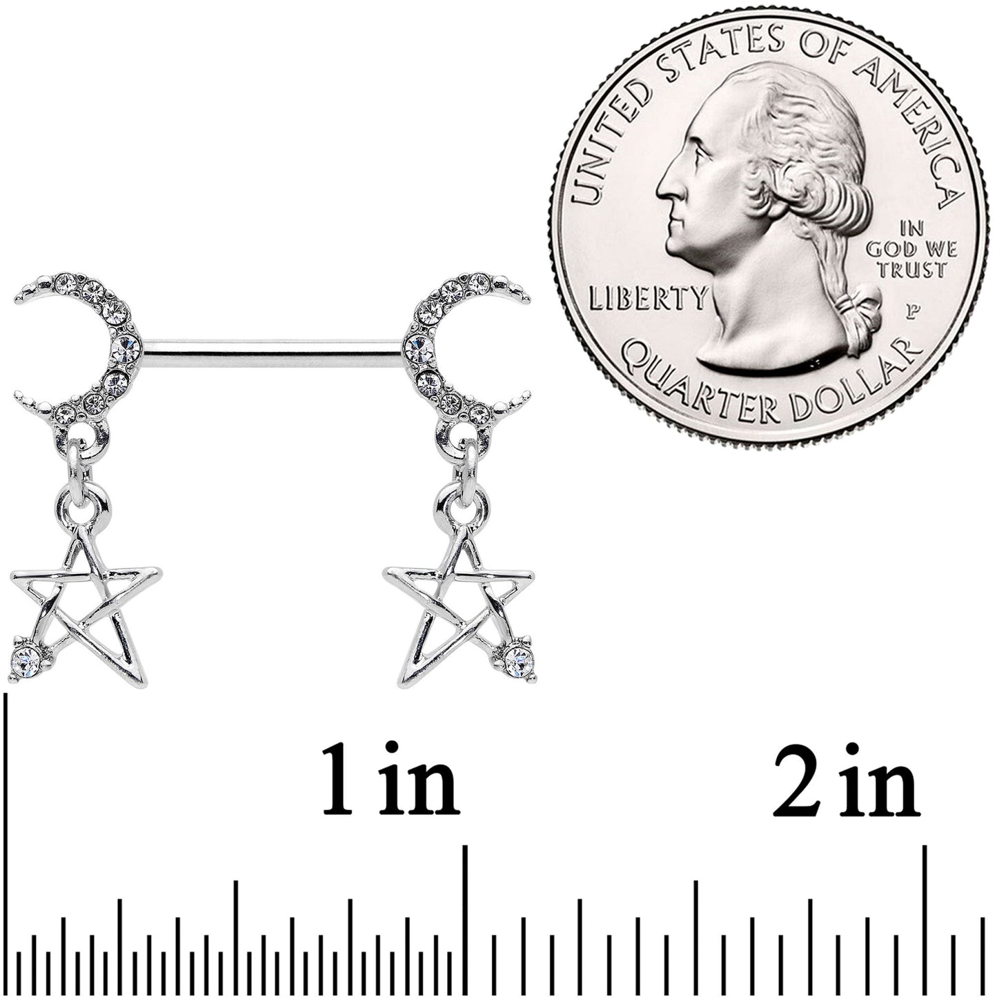 14G 9/16 Clear Gem Moon Star Dangle Barbell Nipple Ring Set