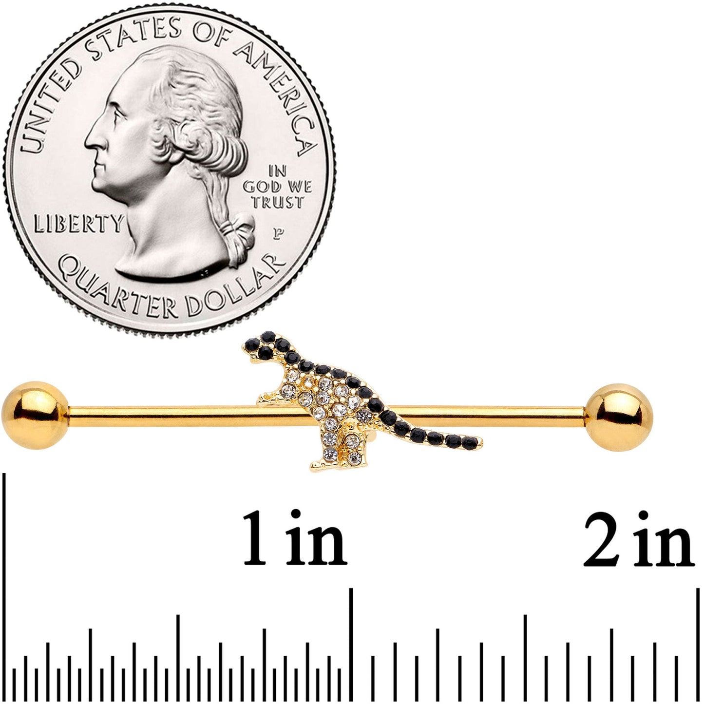14G Clear Black Gem Gold Tone Dinosaur Industrial Barbell 38mm