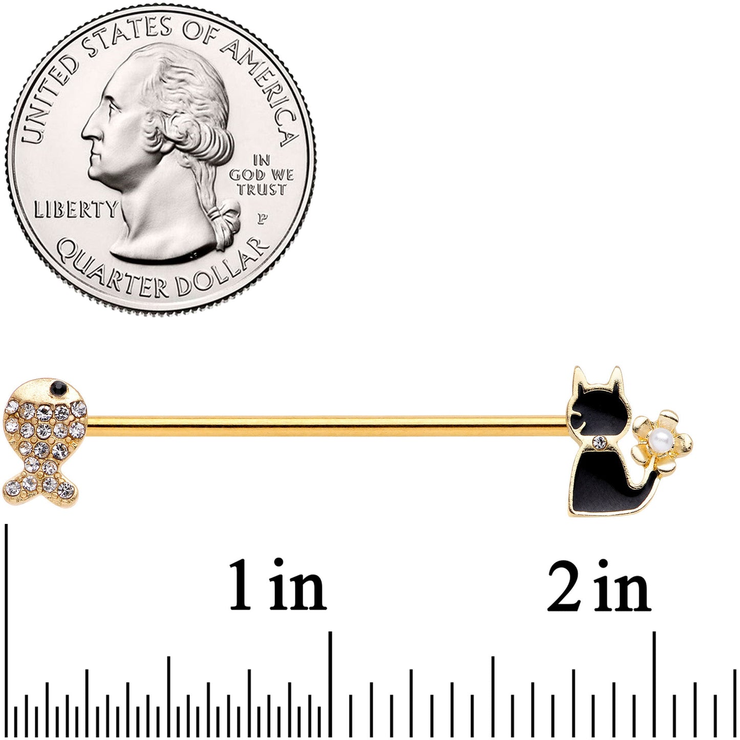 14G Clear Gem Gold Tone Cat Fish Industrial Barbell 38mm