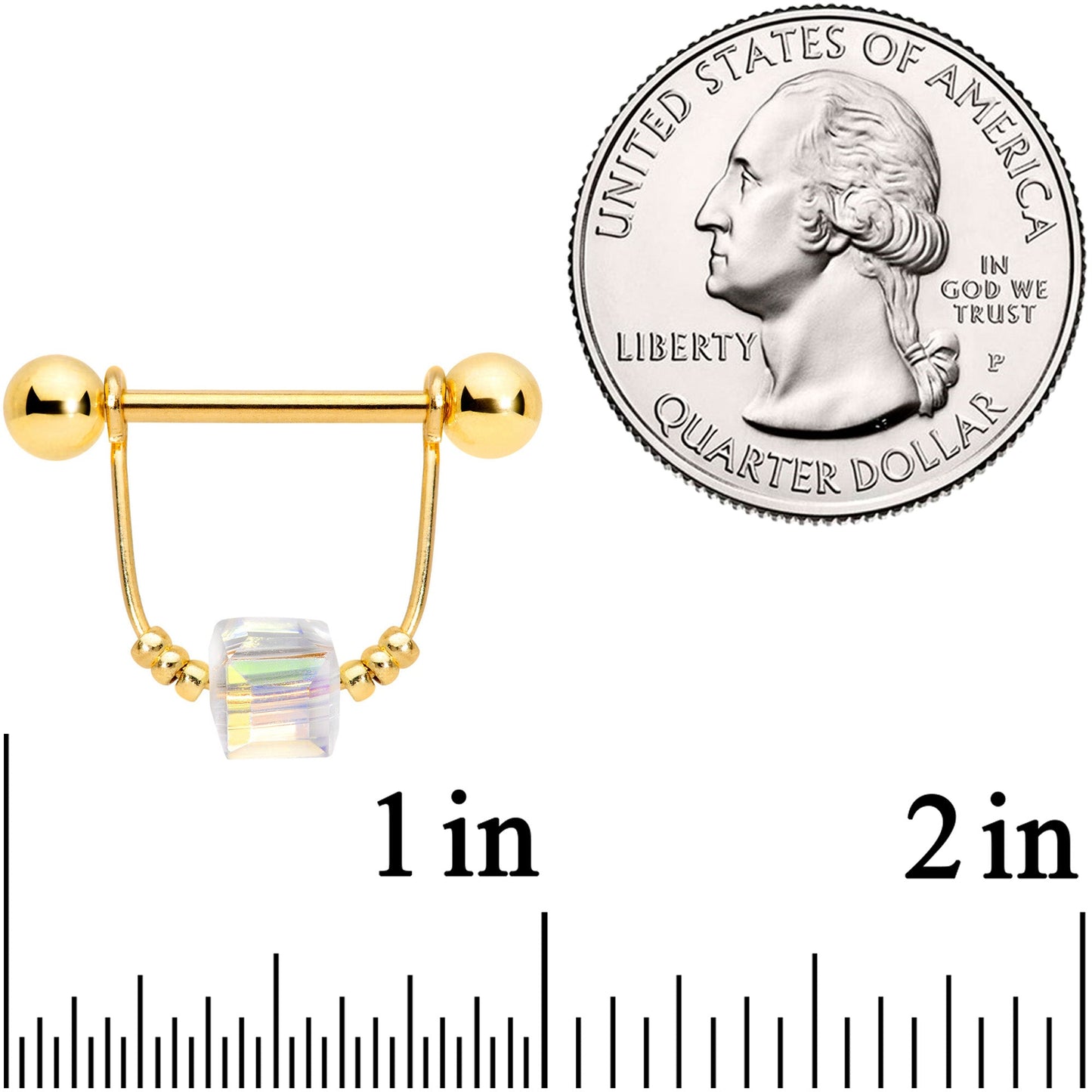 14G 5/8 Clear Gem Gold Tone Cube Dangle Nipple Ring Set