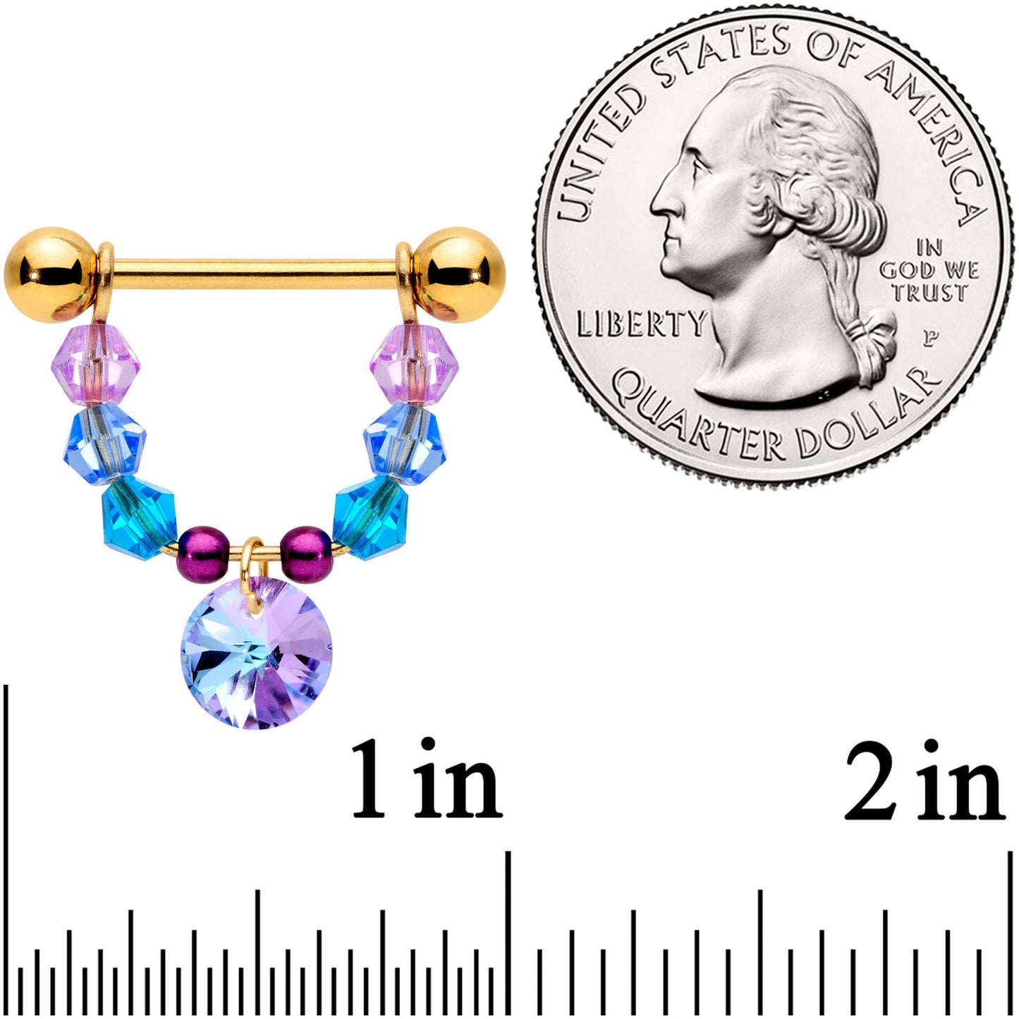 14G 5/8 Blue Purple Gem Gold Tone Disc Nipple Ring Set