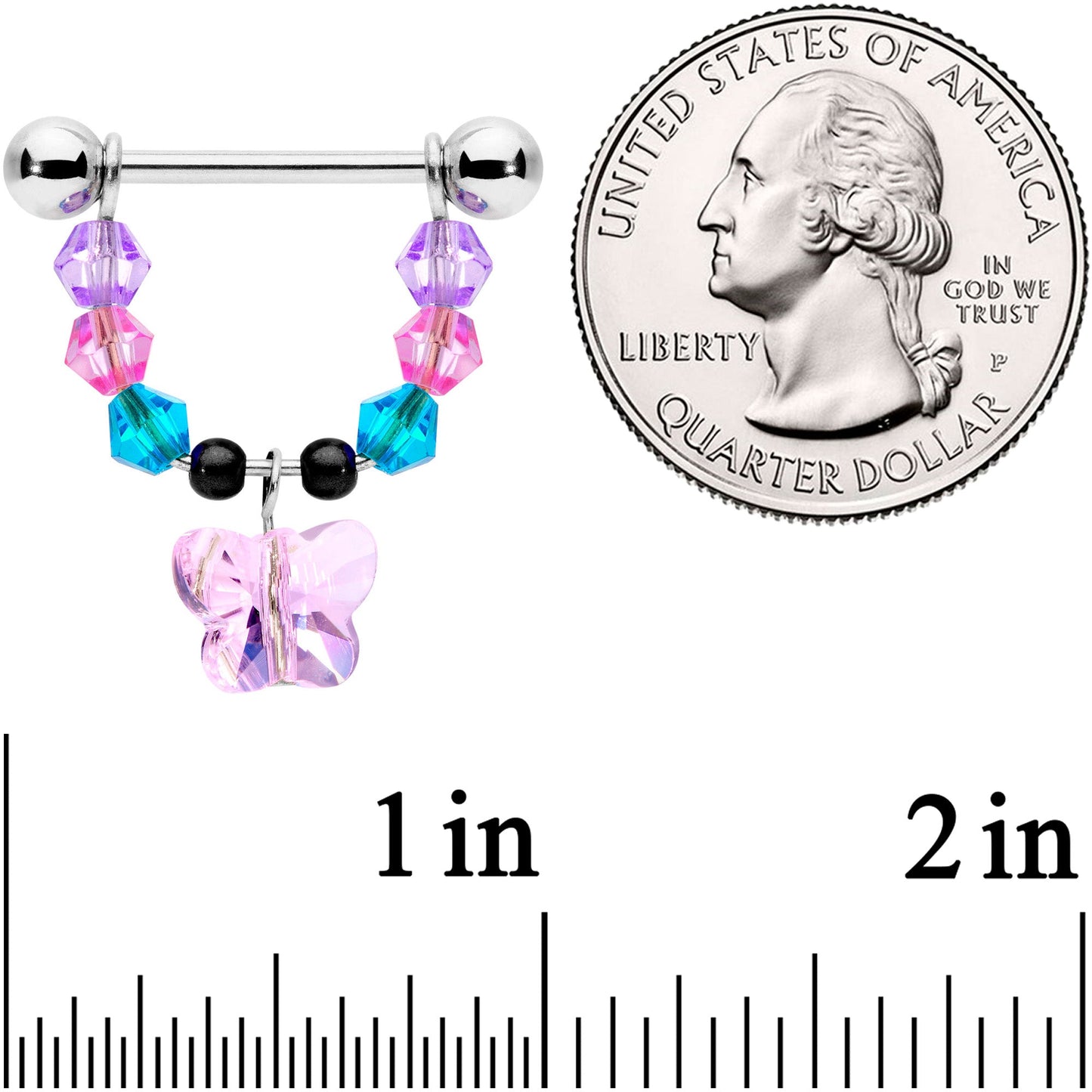 14G 5/8 Pink Blue Purple Gem Butterfly Dangle Barbell Nipple Ring Set