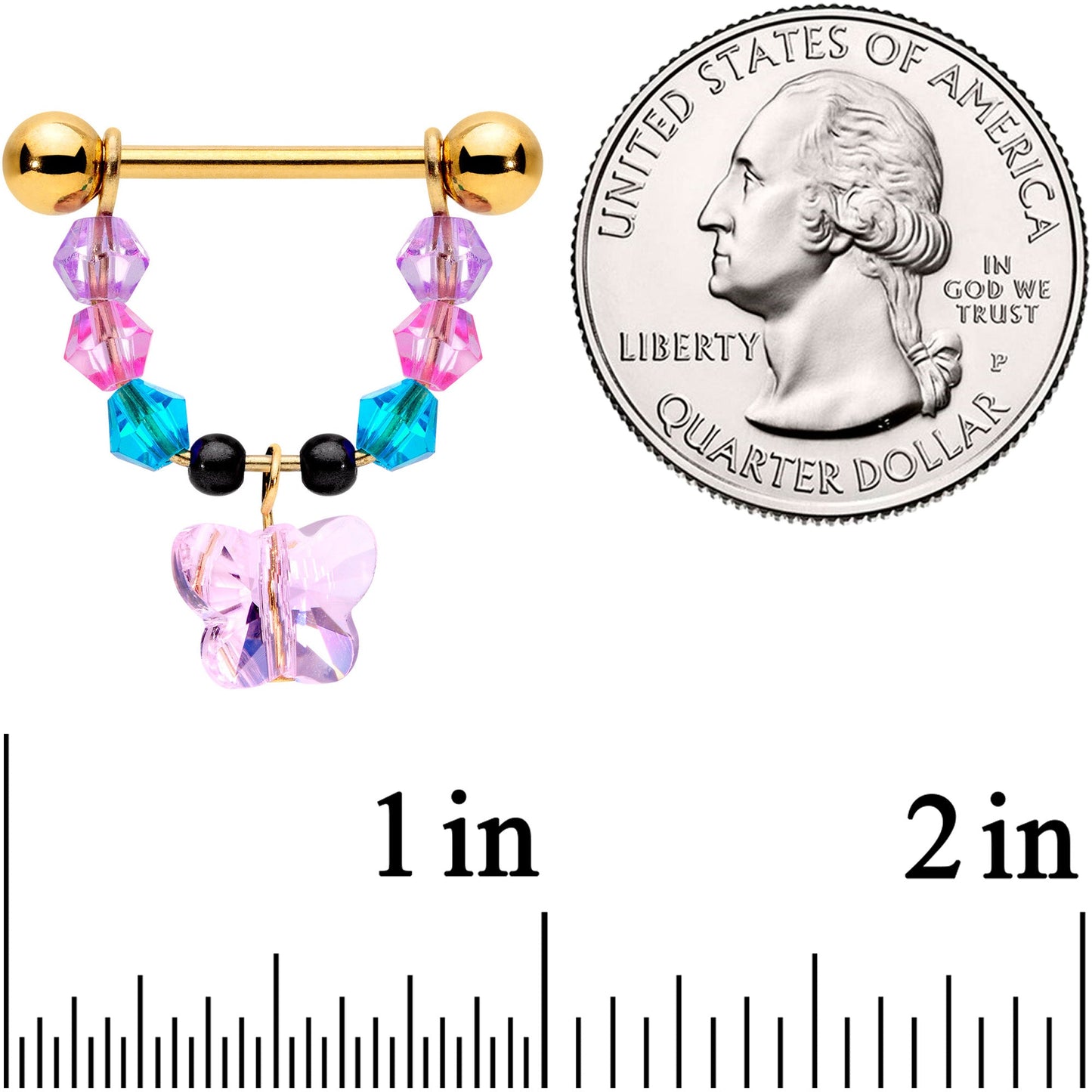 14G 5/8 Pink Blue Gem Gold Tone Butterfly Dangle Barbell Nipple Ring Set
