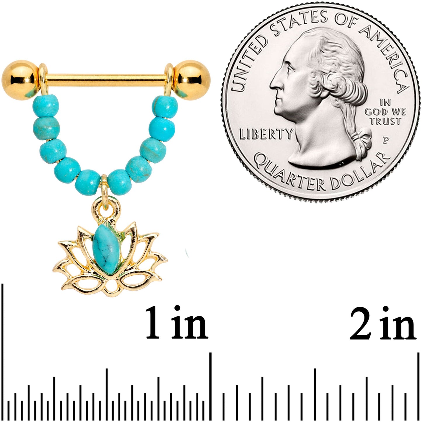 14G 5/8 Faux Turquoise Gold Tone Lotus Flower Dangle Nipple Ring Set