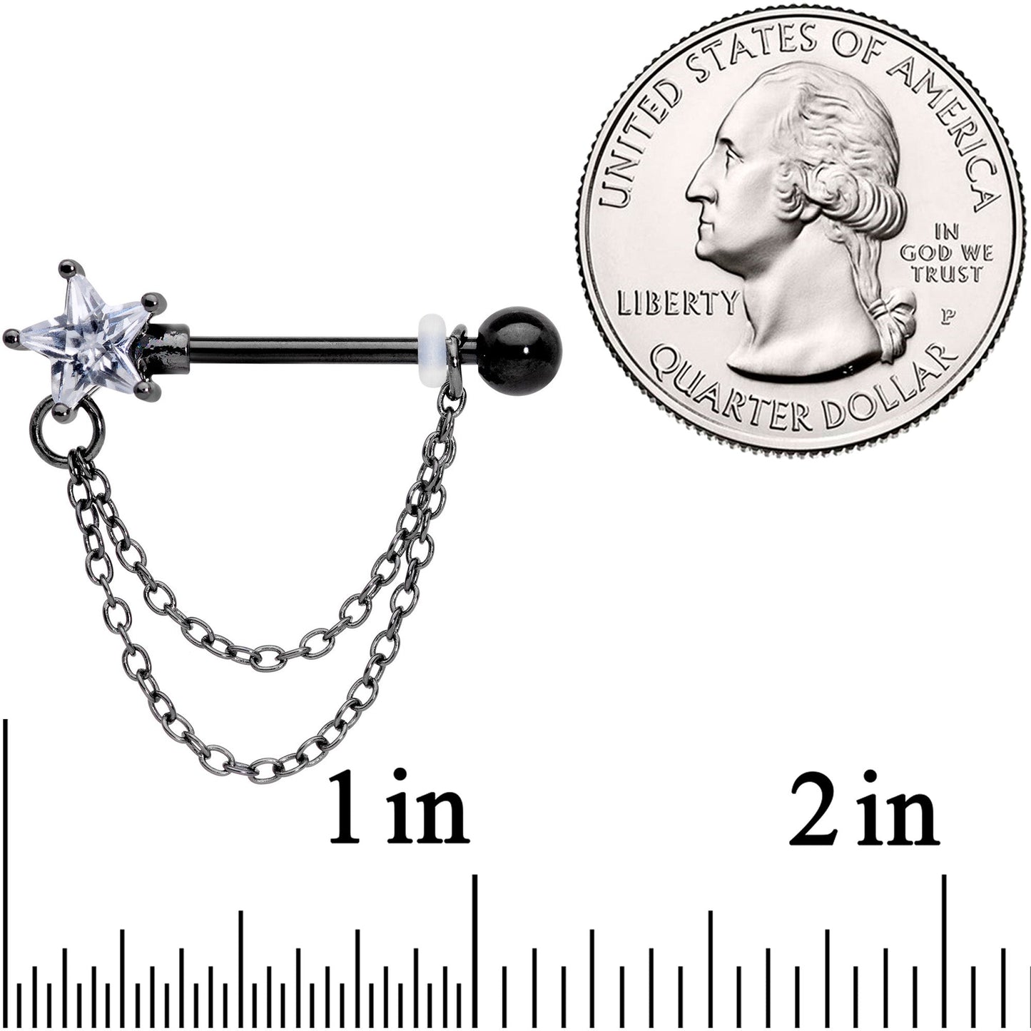 14G 5/8 Clear CZ Star Gem Black Chain Dangle Nipple Ring Set