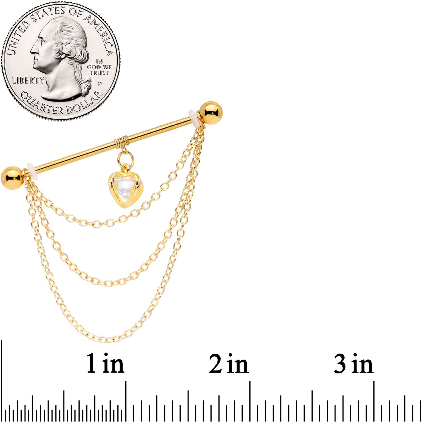 14G Clear CZ Gem Gold Tone Heart Dangle Industrial Barbell 38mm