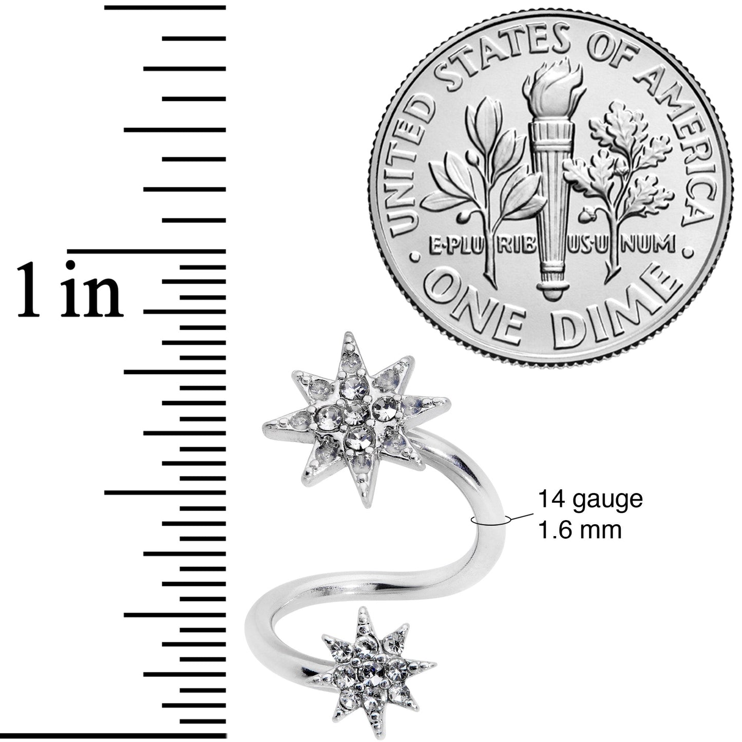 14G 3/8 Clear Gem Double Eight Pointed Star Twister Belly Ring