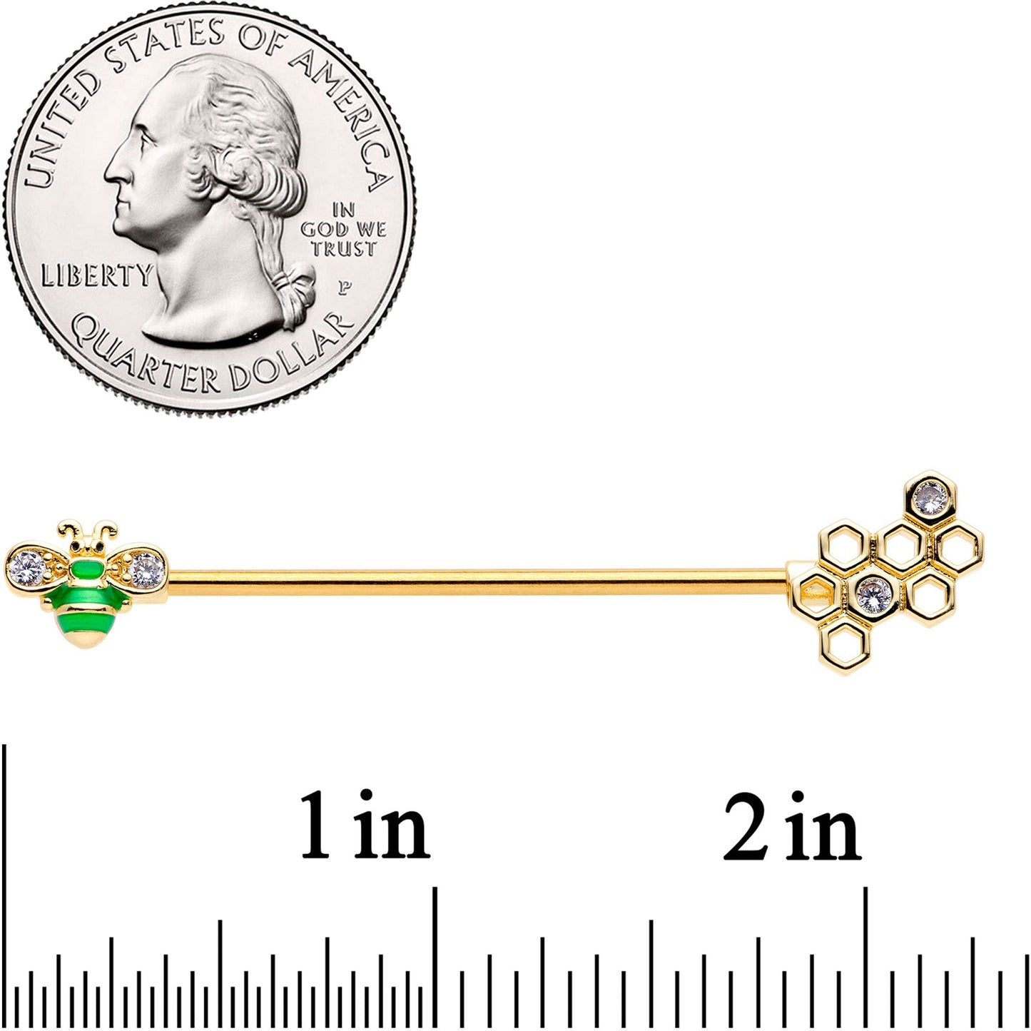 14G Clear Gem Gold Tone Green Bee Industrial Barbell 38mm