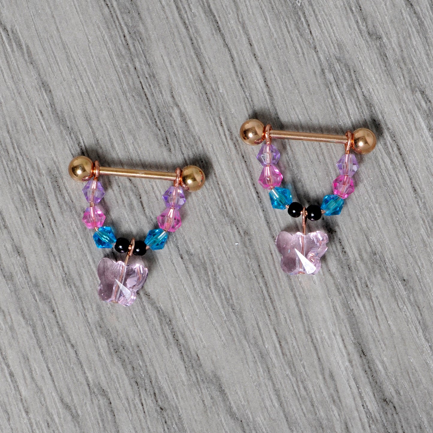 14G Pink Gem Rose Gold Tone Butterfly Dangle Nipple Ring Set
