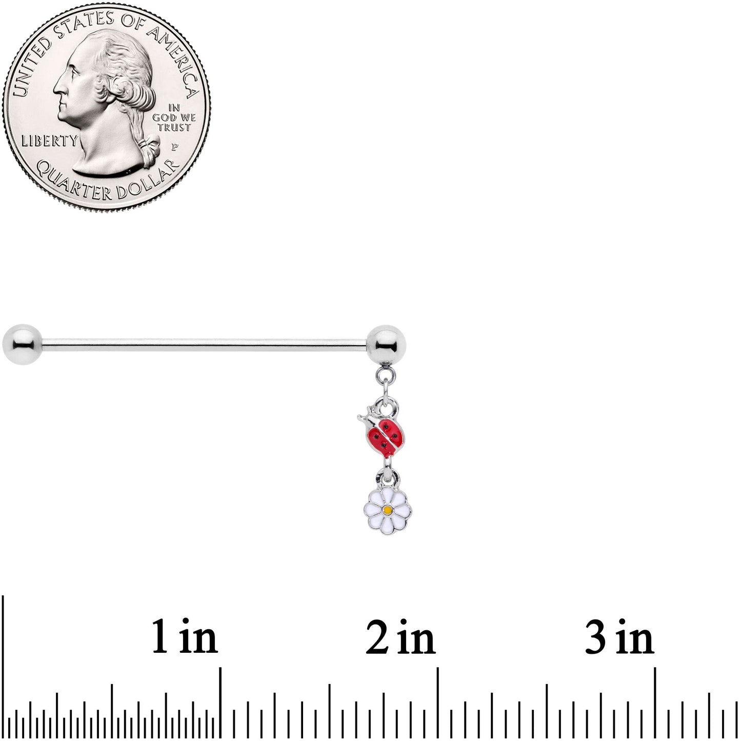 14G Red White Ladybug Flower Dangle Industrial Barbell 38mm