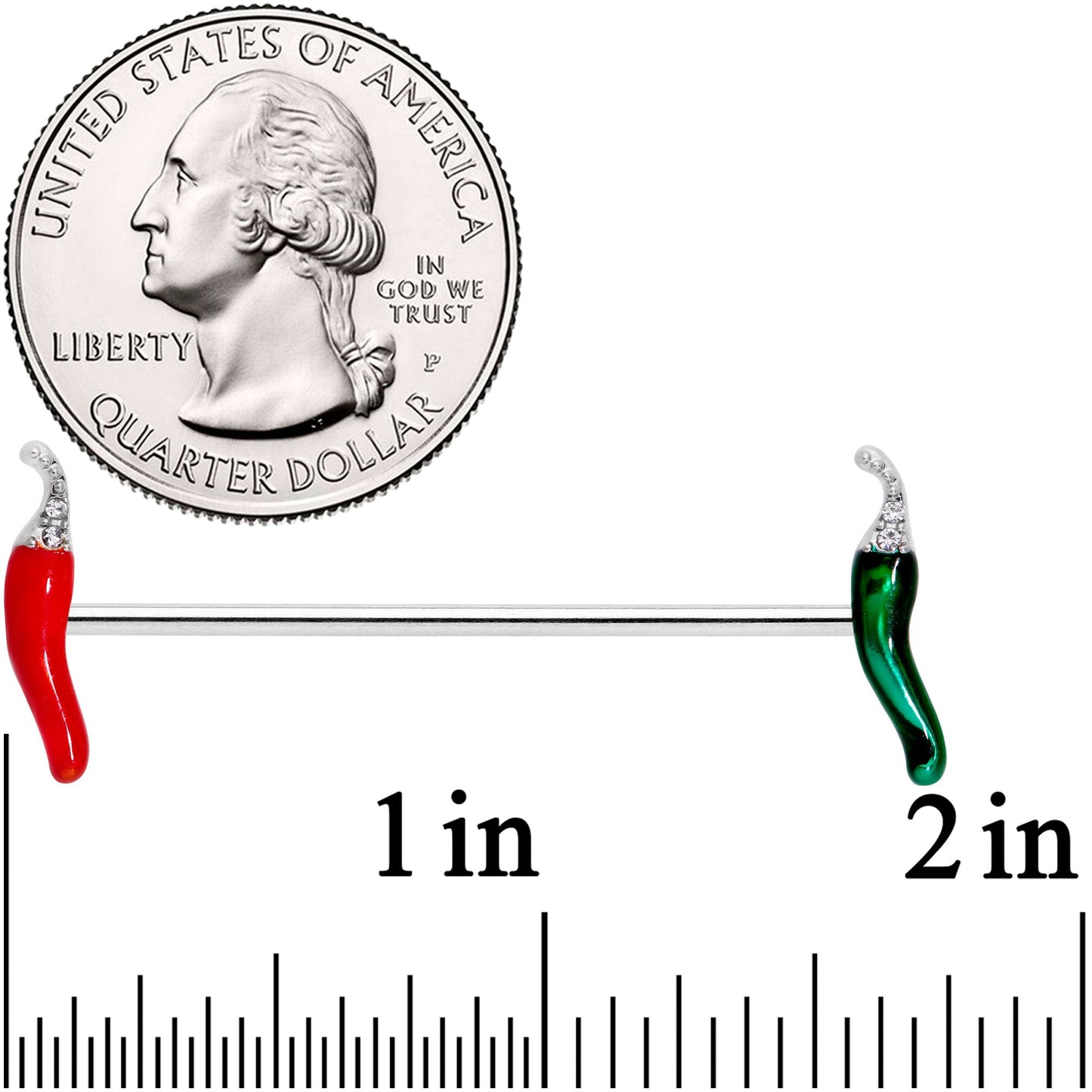 14G Clear Gem Red Green Pepper Industrial Barbell 38mm