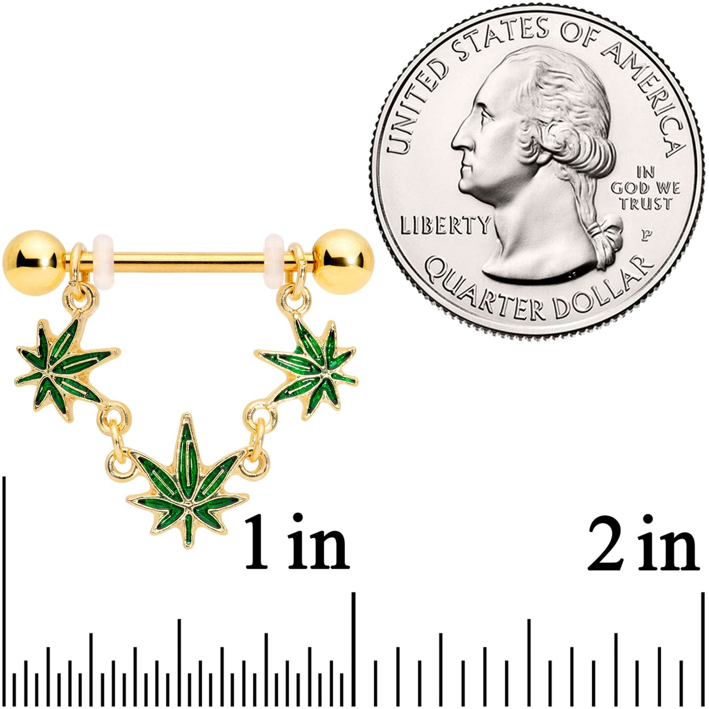 14G 3/4 Green Gold Tone Weed Pot Leaf Dangle Nipple Ring Set