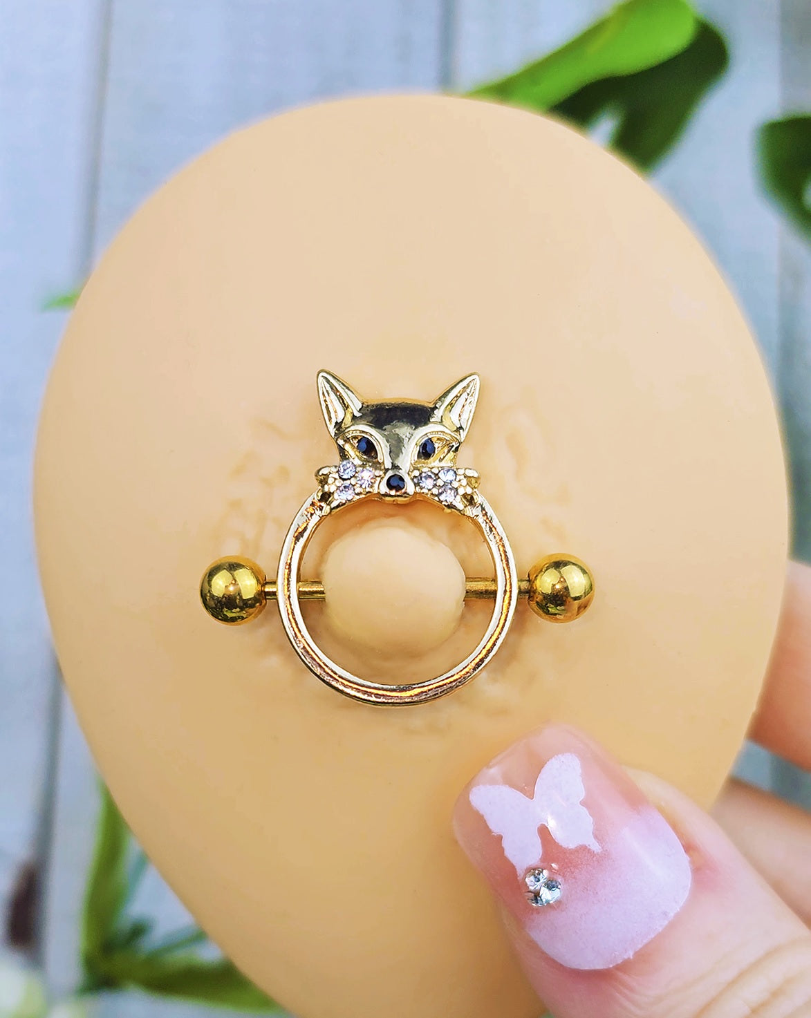 14G 13/16 Clear Black Gem Gold Tone Fox Nipple Shield Set