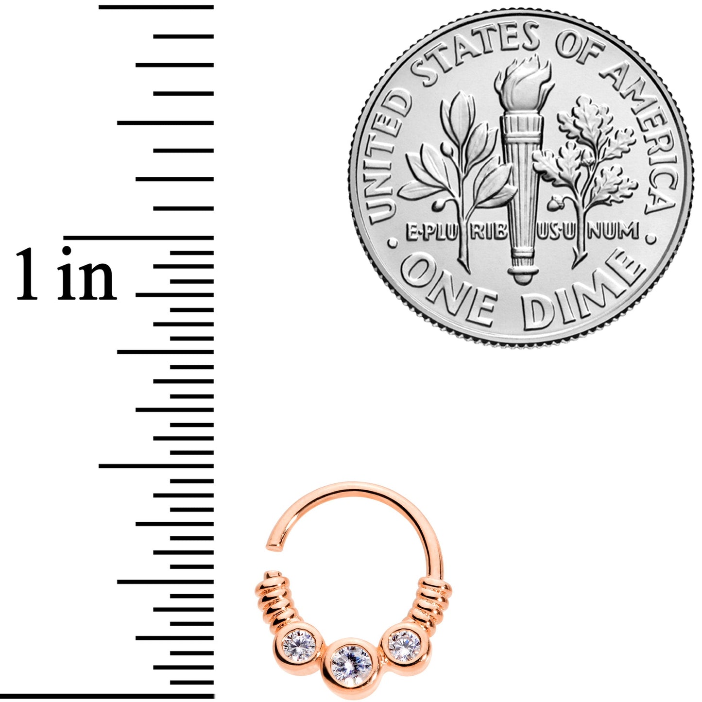 16G 3/8 Clear CZ Gem Trio Rose Gold Tone Coils Closure Ring