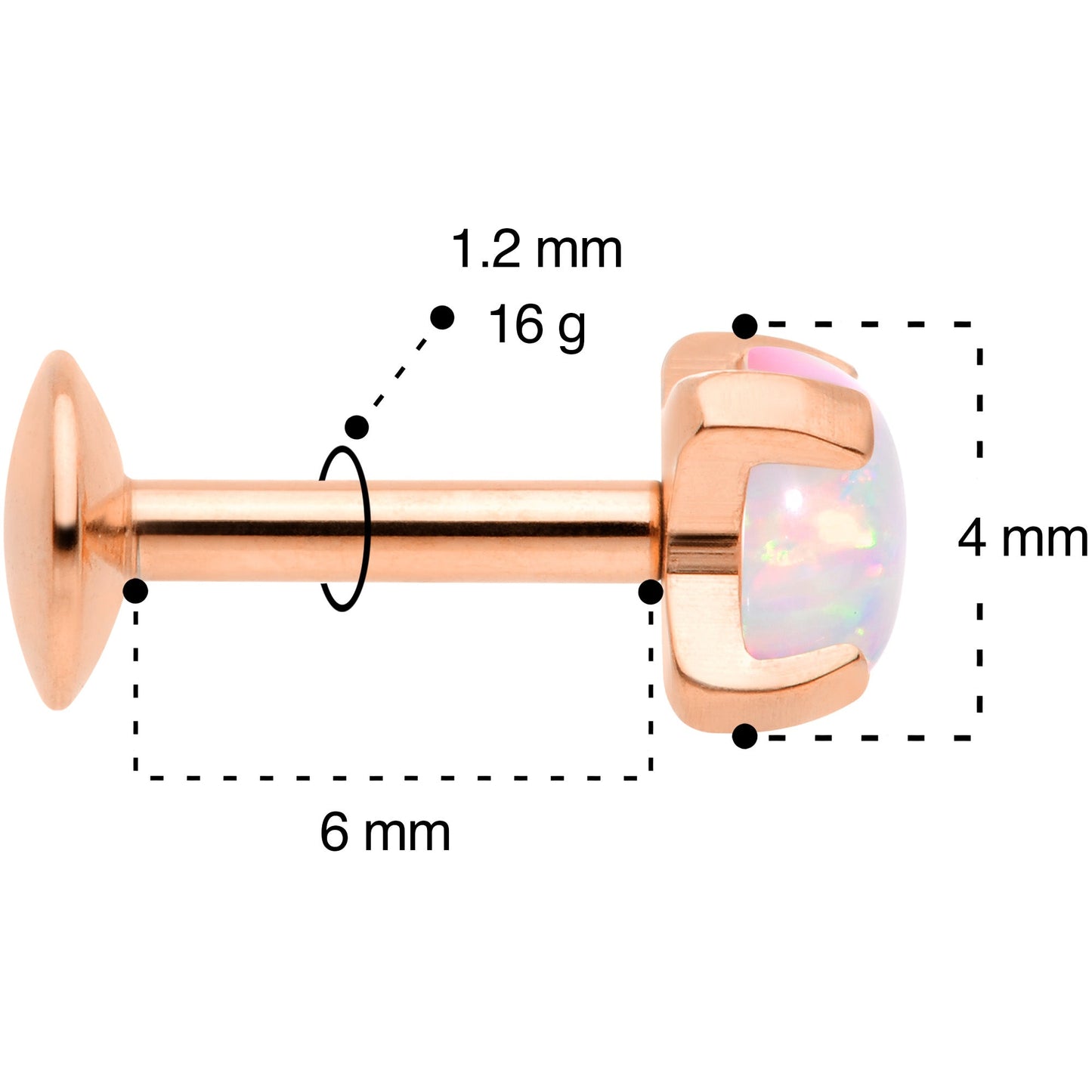 16G 1/4 4mm Syn Opal Rose Gold G23 Titanium Internal Thread Labret
