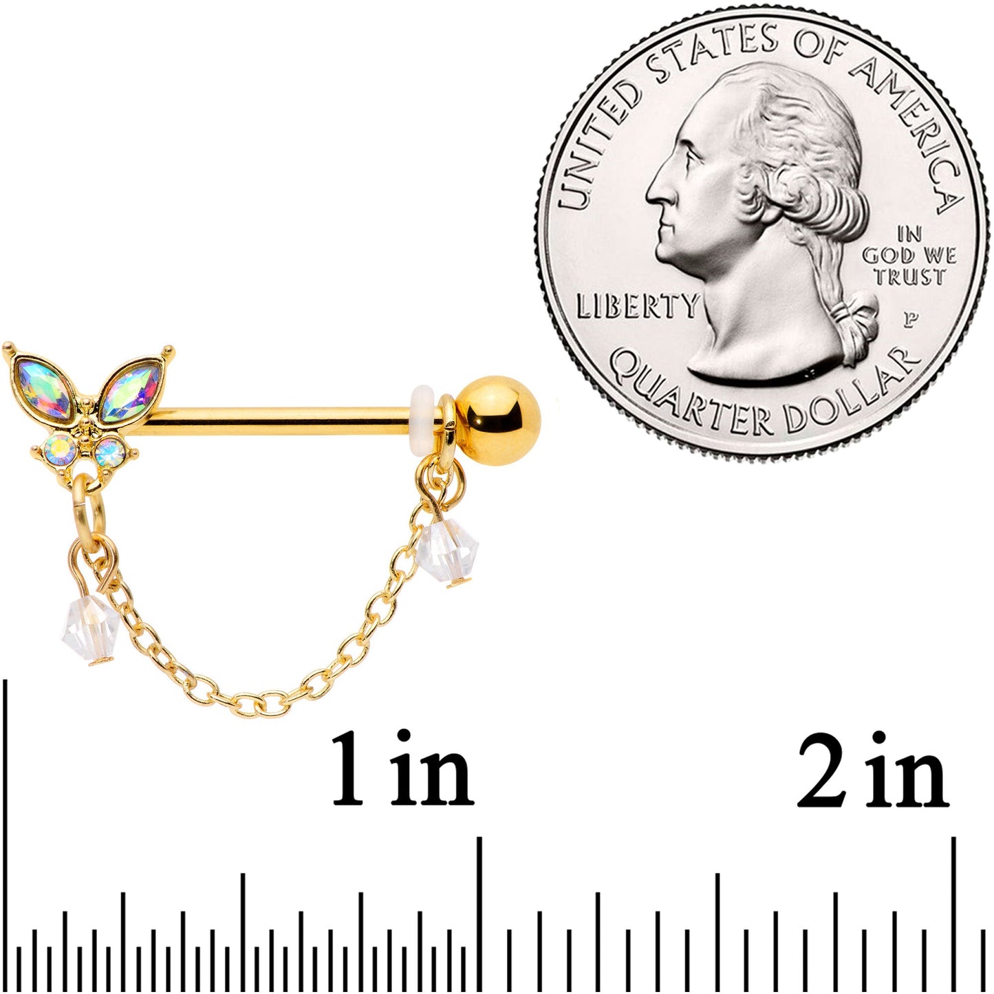 14G 5/8 Aurora Gem Gold Tone Butterfly Dangle Nipple Ring Set