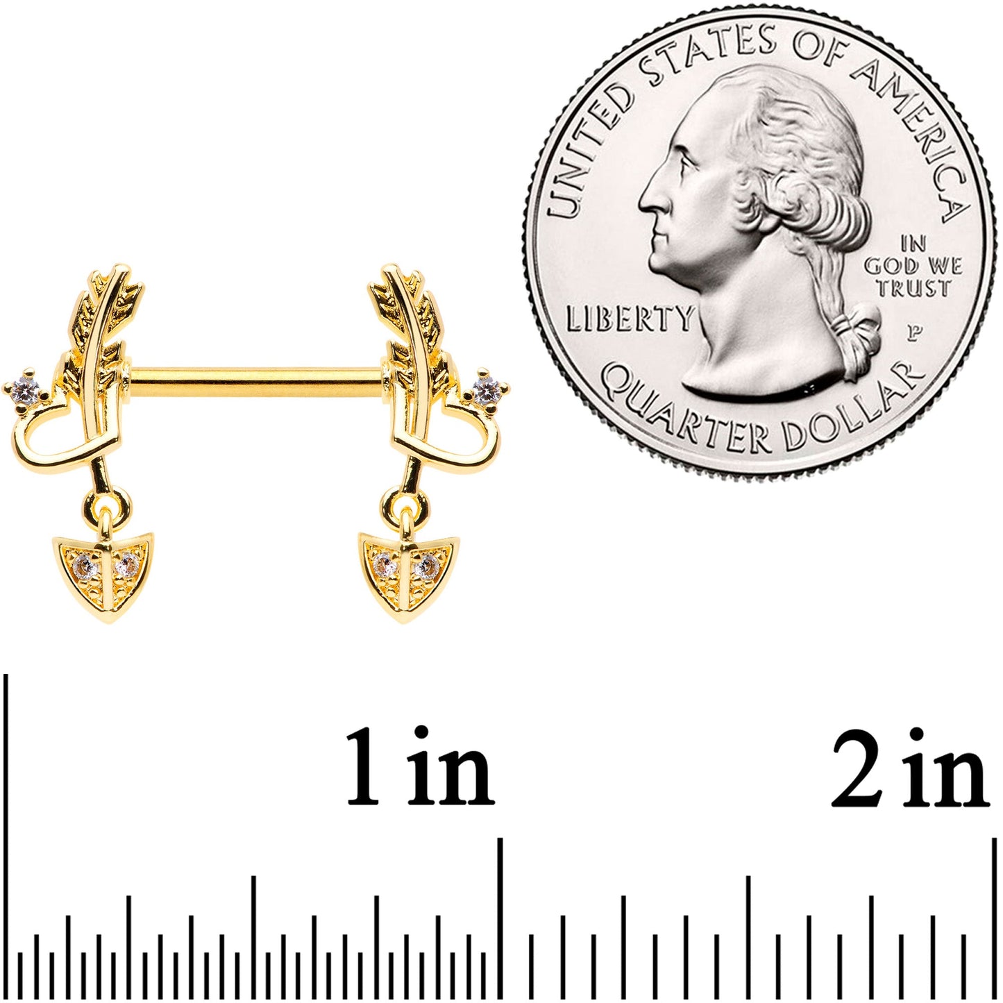 14G 9/16 Clear CZ Gem Gold Tone Love Feather Barbell Nipple Ring Set