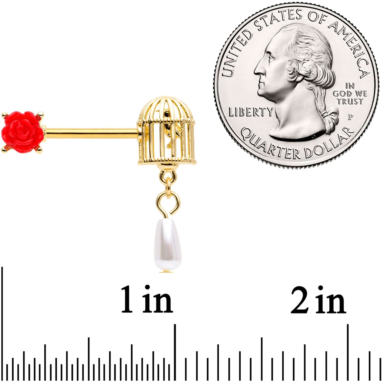 14G 9/16 Red Flower Gold Tone Birdcage Barbell Nipple Ring Set