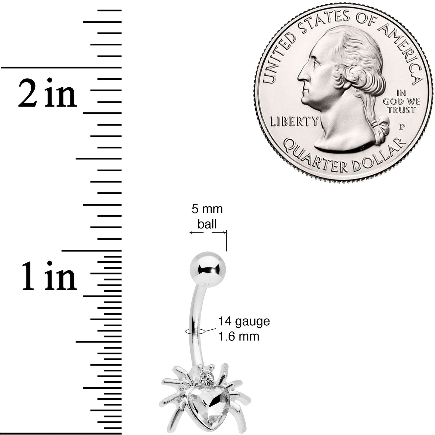 Clear Gem Halloween Heart Spider Belly Ring