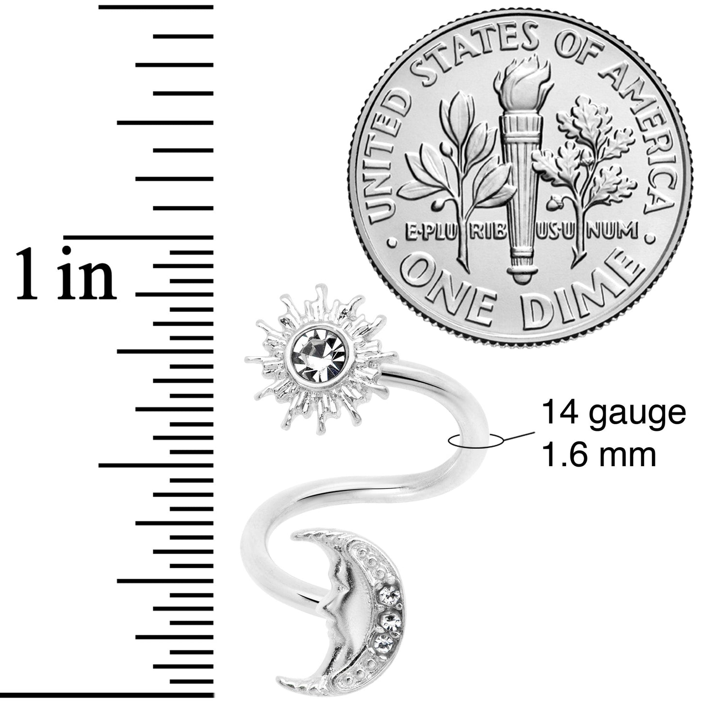 14G 7/16 Clear Gem Moon Spiral Twister Belly Ring