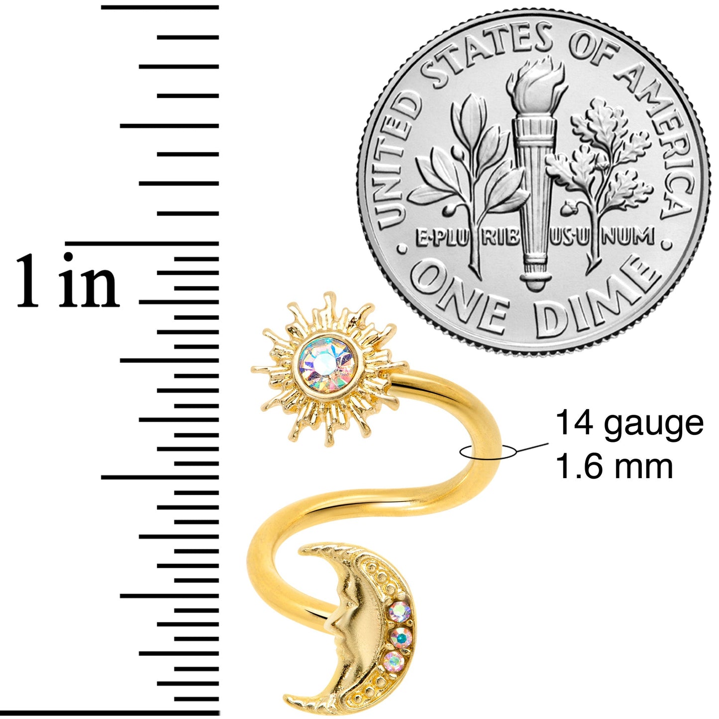 14G 7/16 Aurora Gem Gold Tone Moon Spiral Twister Belly Ring
