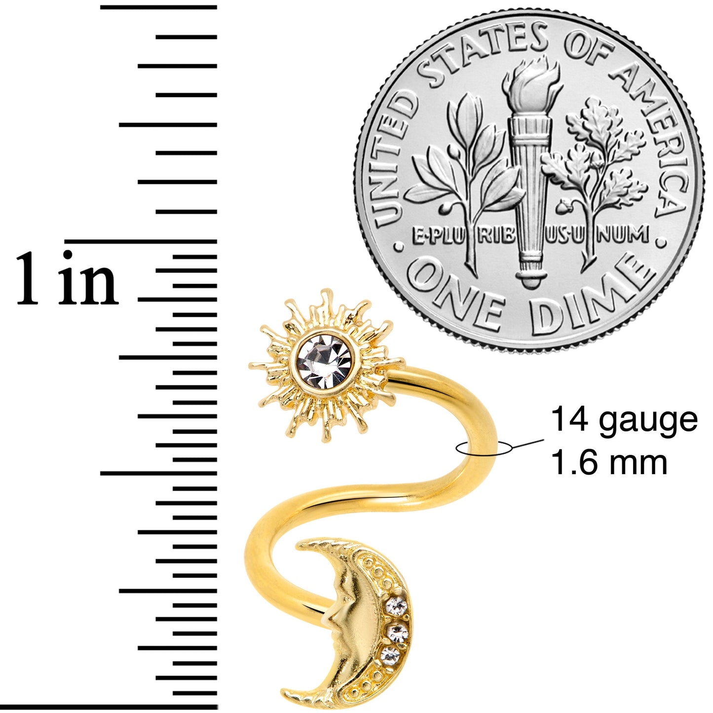 14G 7/16 Clear Gem Gold Tone Moon Spiral Twister Belly Ring