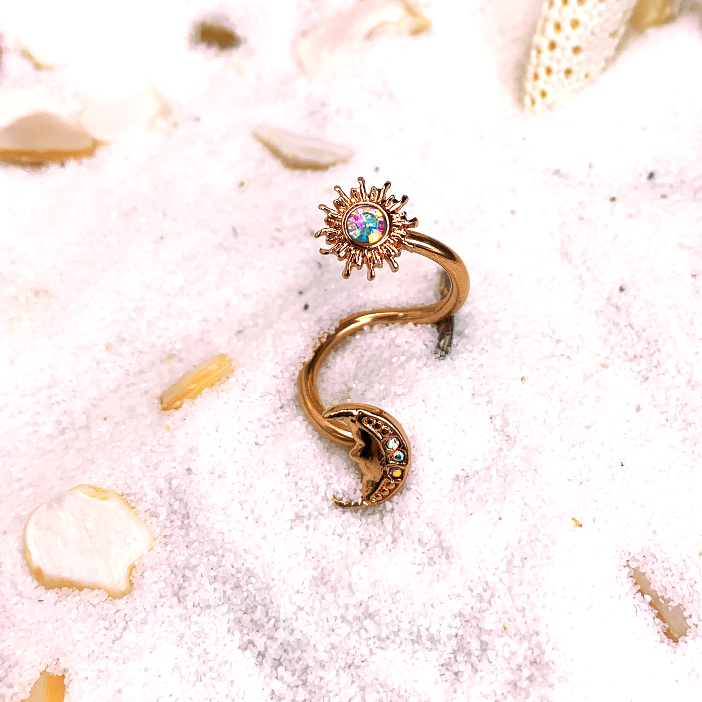 14G 7/16 Aurora Gem Rose Gold Tone Moon Spiral Twister Belly Ring