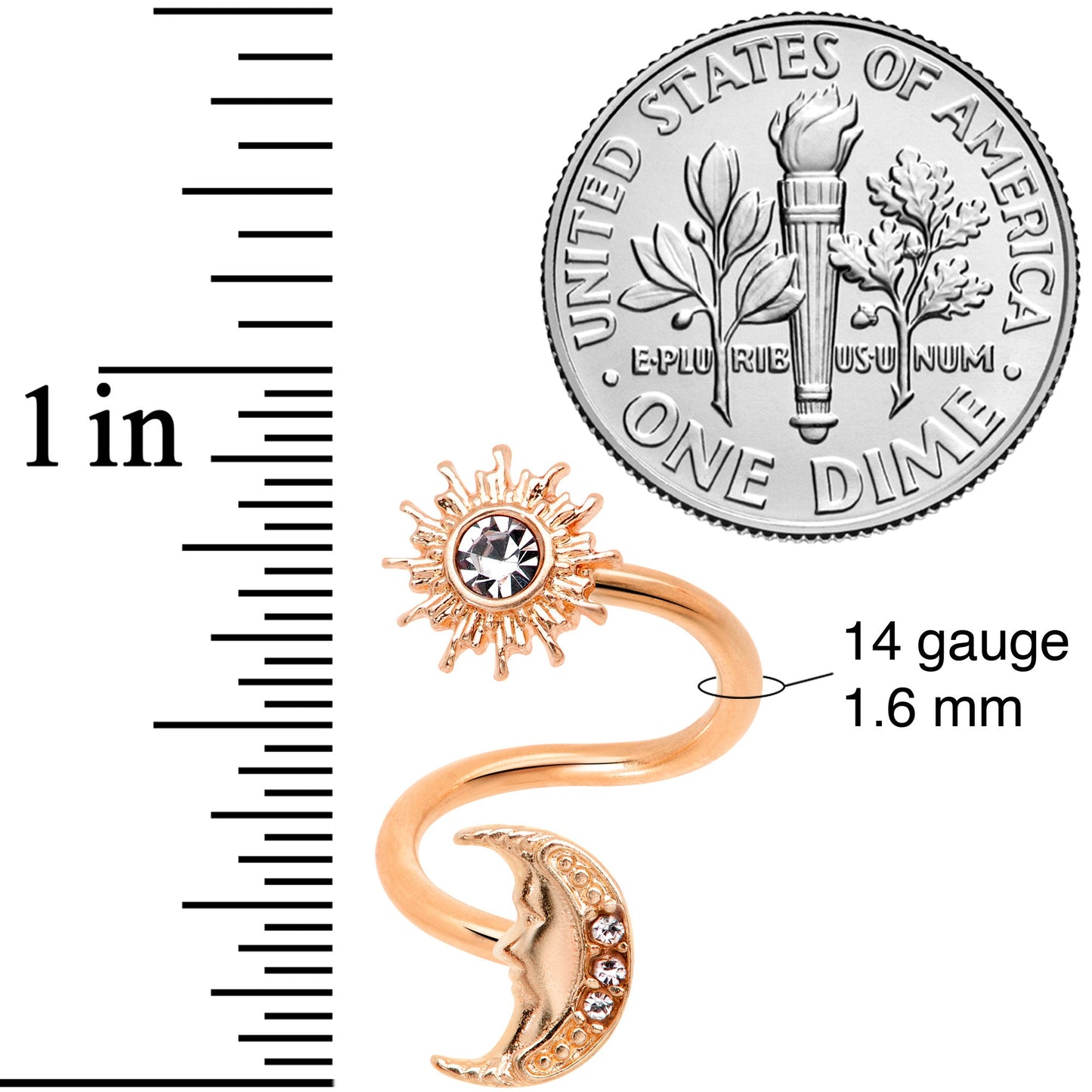 14G 7/16 Clear Gem Rose Gold Tone Moon Spiral Twister Belly Ring