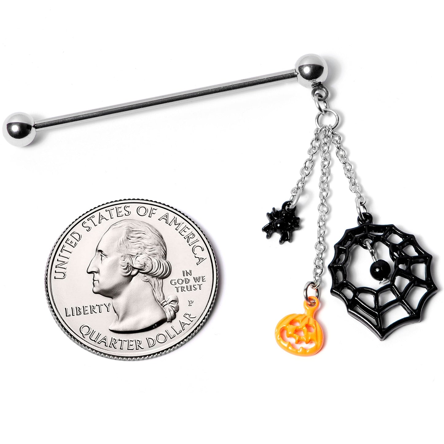 14G Spiderweb Pumpkin Halloween Dangle Industrial Barbell 38mm