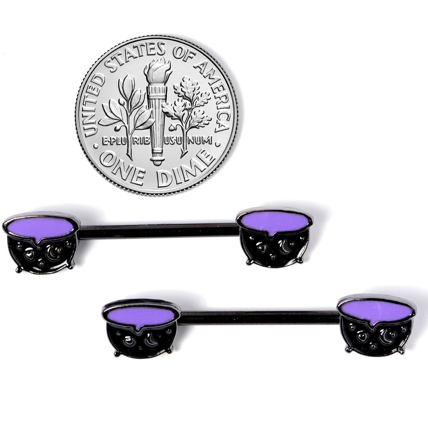 14G 11/16 Black Purple Cauldron Halloween Barbell Nipple Ring Set