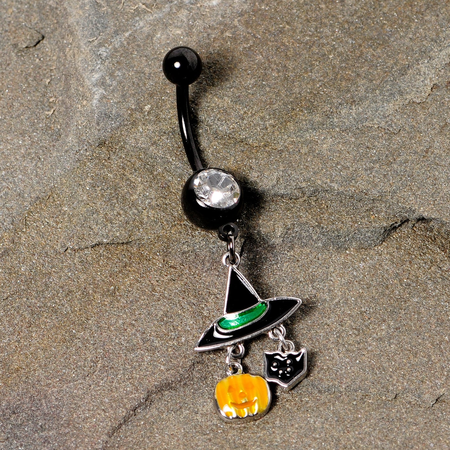Clear Gem Black Cat Witch Hat Halloween Dangle Belly Ring