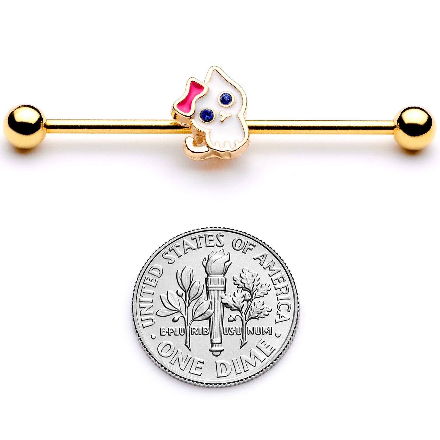 14G Blue Gem Gold Tone Sweet Kitty Cat Industrial Barbell 38mm