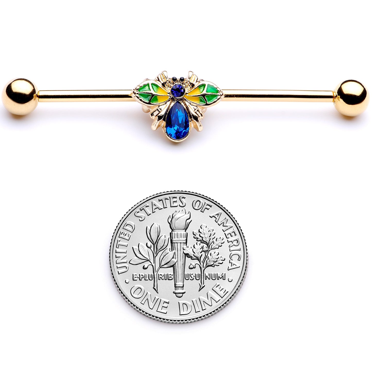 14G Blue Gem Gold Tone Colorful Bee Industrial Barbell 38mm