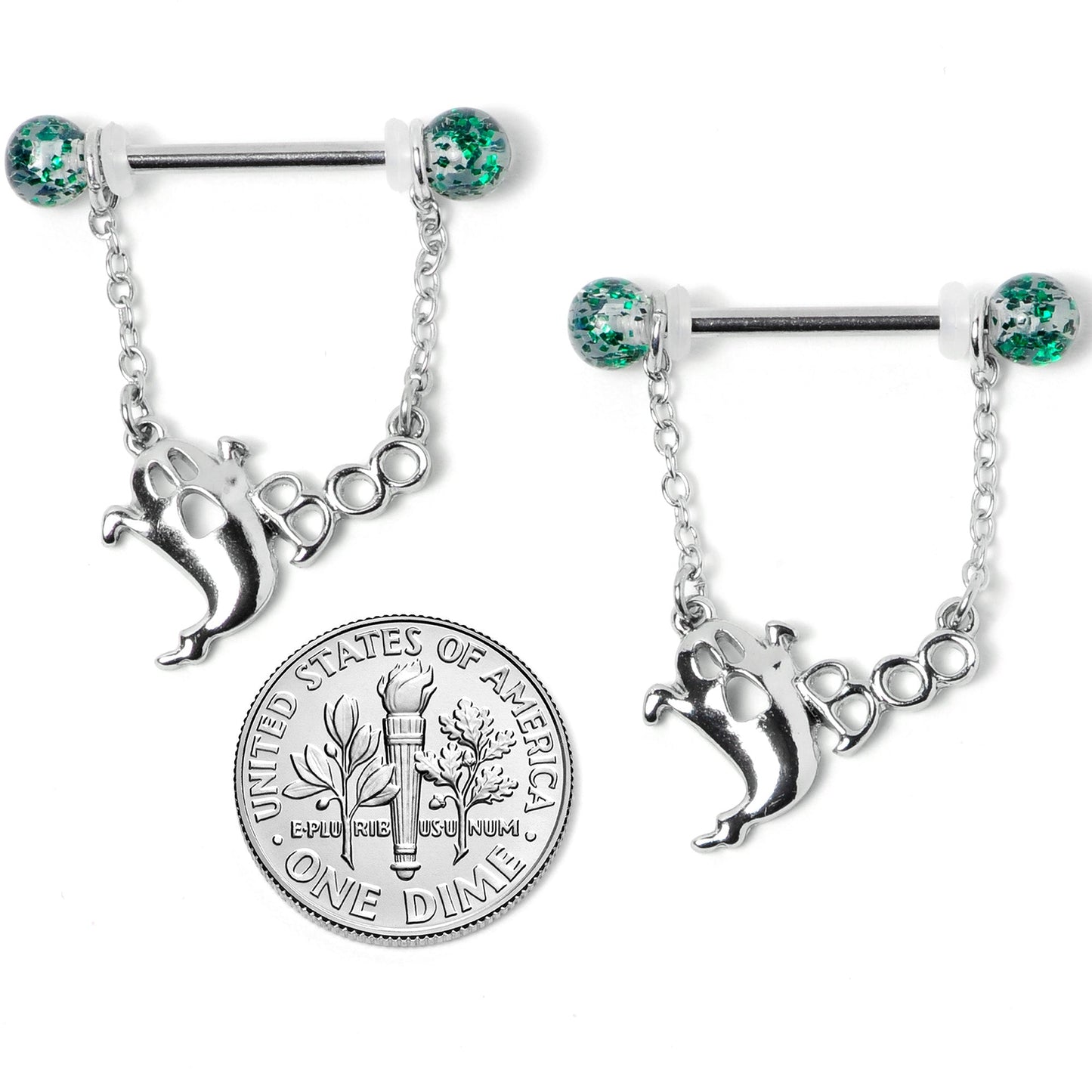 14G 5/8 UV Ball Boo Ghost Halloween Chain Dangle Nipple Ring Set