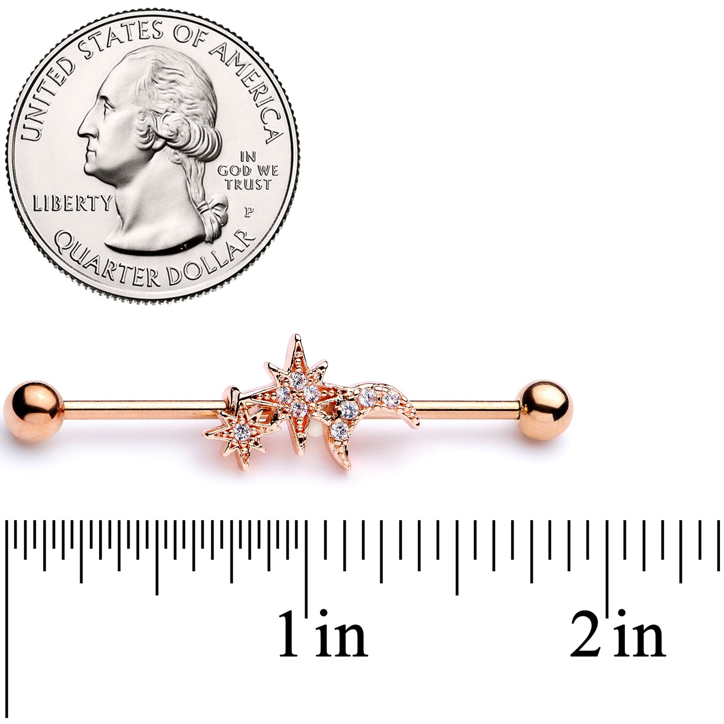 14G Clear CZ Gem Rose Gold Tone Moon Stars Industrial Barbell 38mm