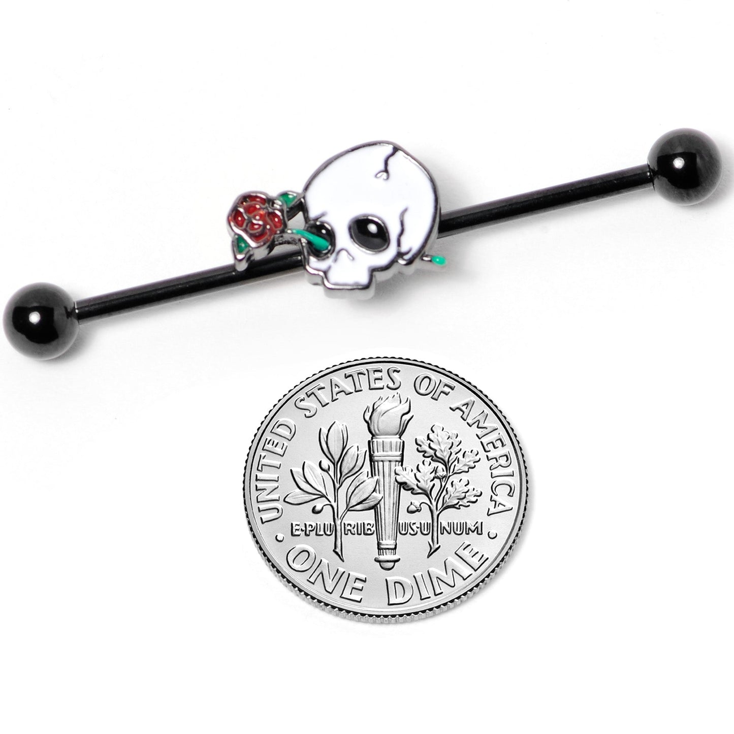 14G Black PVD Rose Skull Halloween Industrial Barbell 38mm