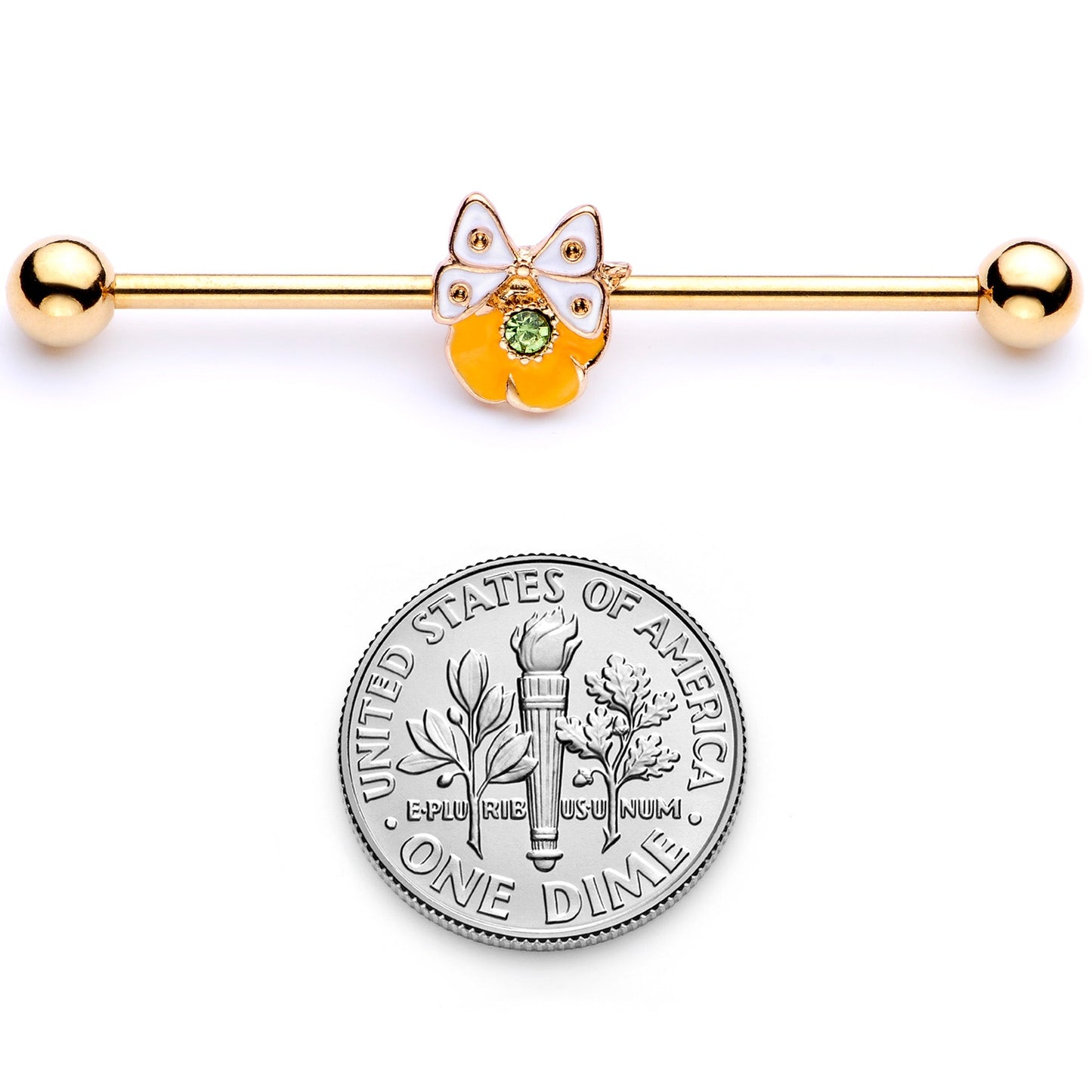 14G Green Gem Gold Tone Butterfly Flower Industrial Barbell 38mm