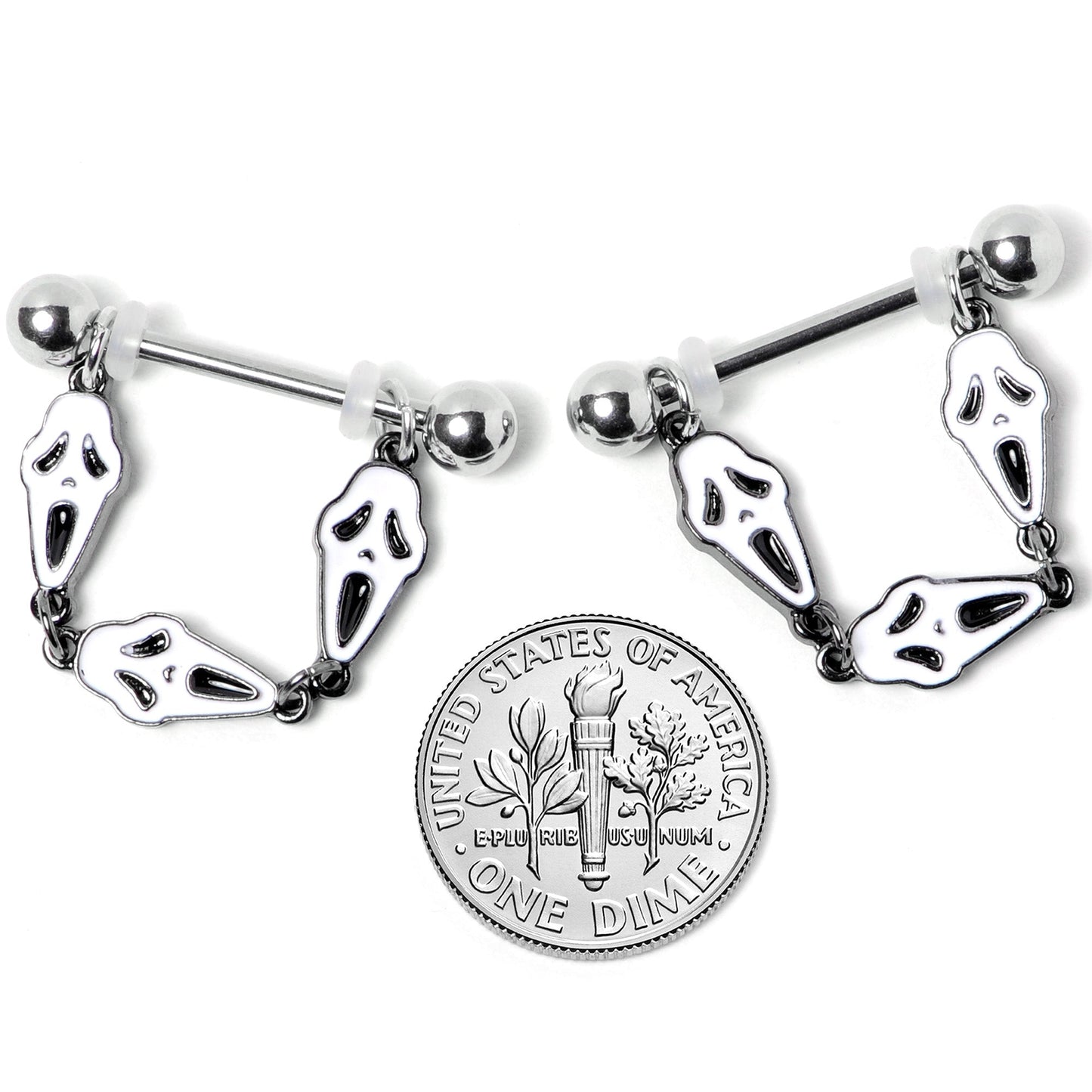 14G 9/16 Scary Screaming Ghost Halloween Dangle Nipple Ring Set