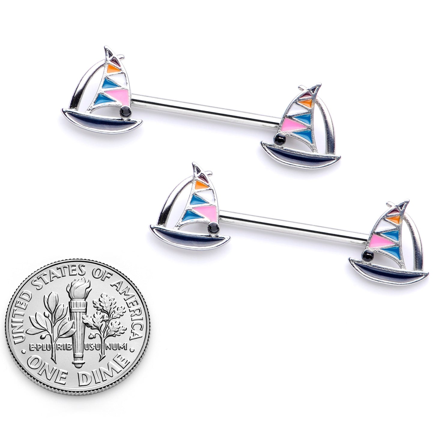 14G 9/16 Black Gem Teal Nautical Sailboat Barbell Nipple Ring Set