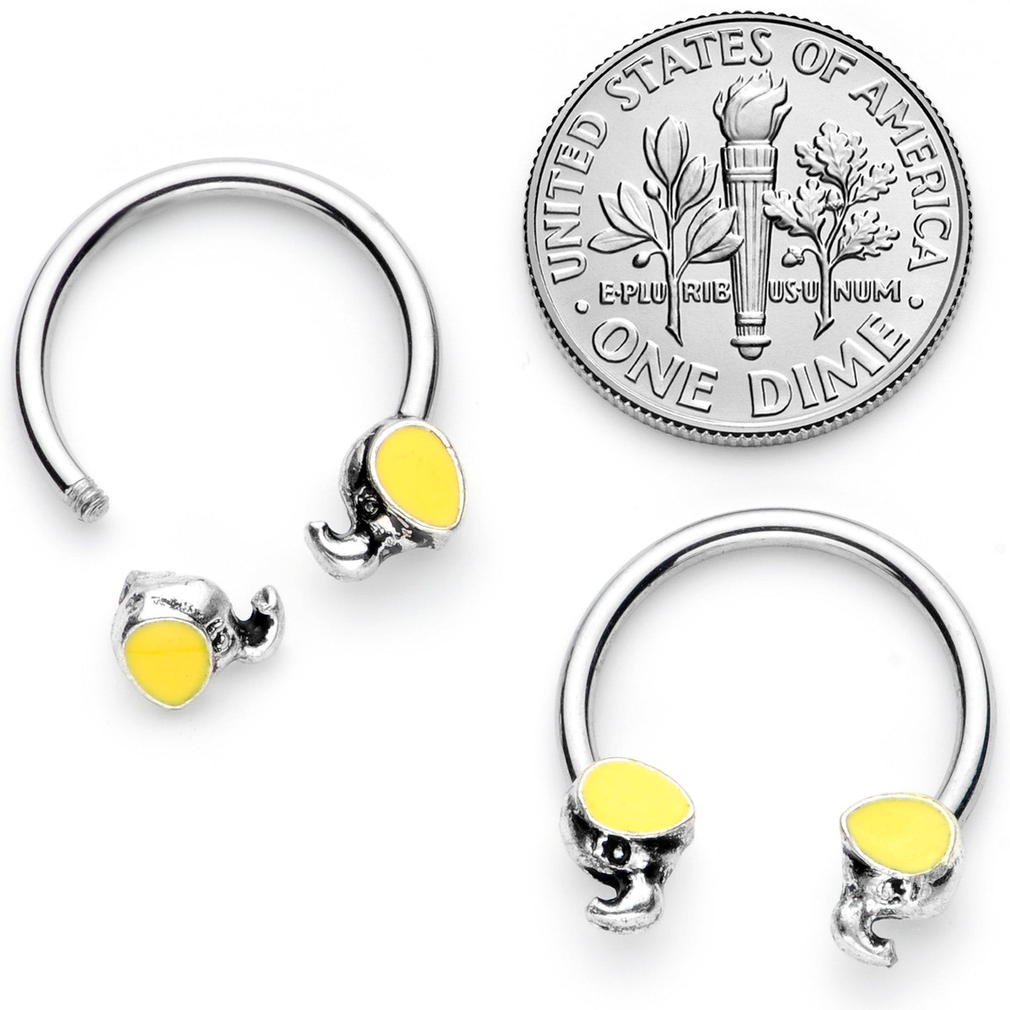 14G 1/2 Yellow End Elephant Horseshoe Nipple Ring Set