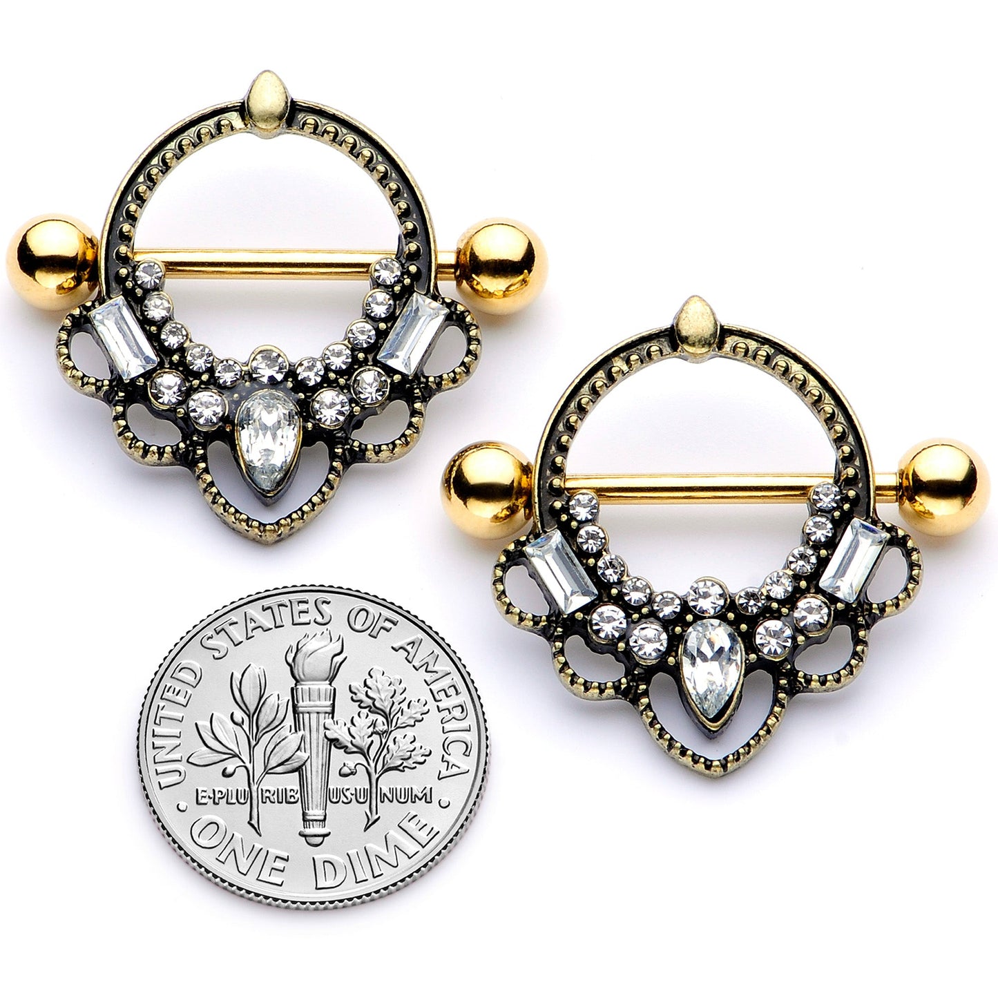 14G 5/8 Clear Gem Gold Tone Filigree Nipple Shield Set