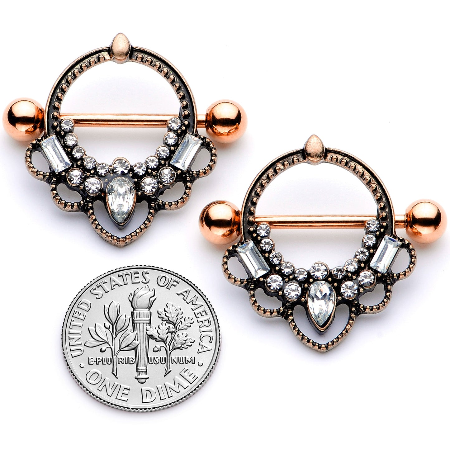 14G 5/8 Clear Gem Rose Gold Tone Filigree Nipple Shield Set