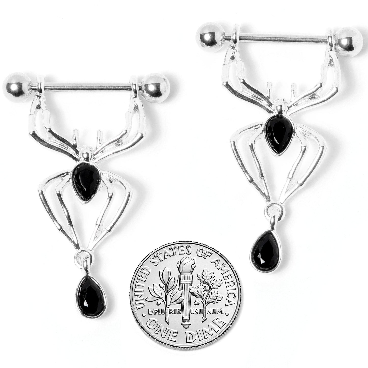 14G 9/16 Black Gem Spider Halloween Dangle Nipple Ring Set