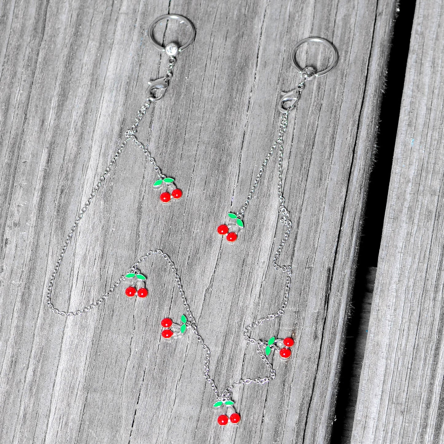 14G 9/16 Clear Gem Red Cherry Captive Ring Dangle Nipple Chain