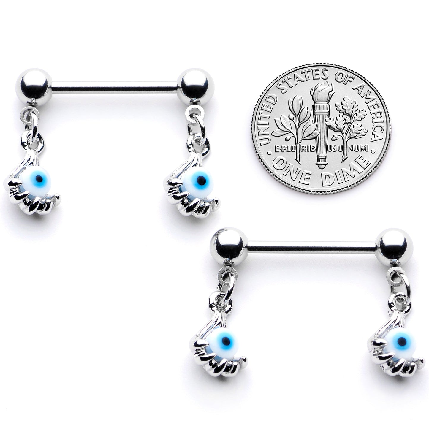 14G 5/8 Blue Eyeball Hand Halloween Dangle Nipple Ring Set