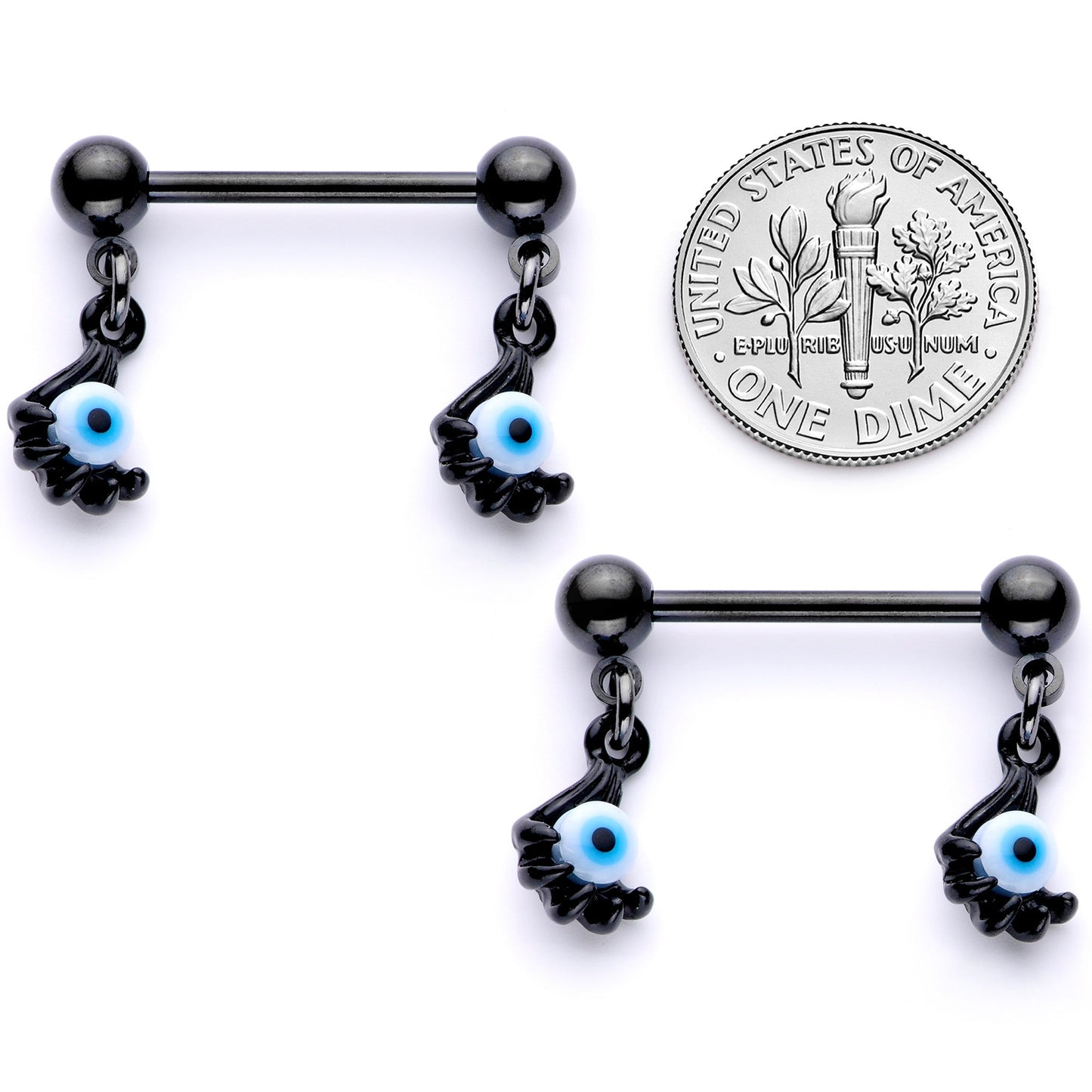 14G 5/8 Black Blue Eyeball Hand Halloween Dangle Nipple Ring Set