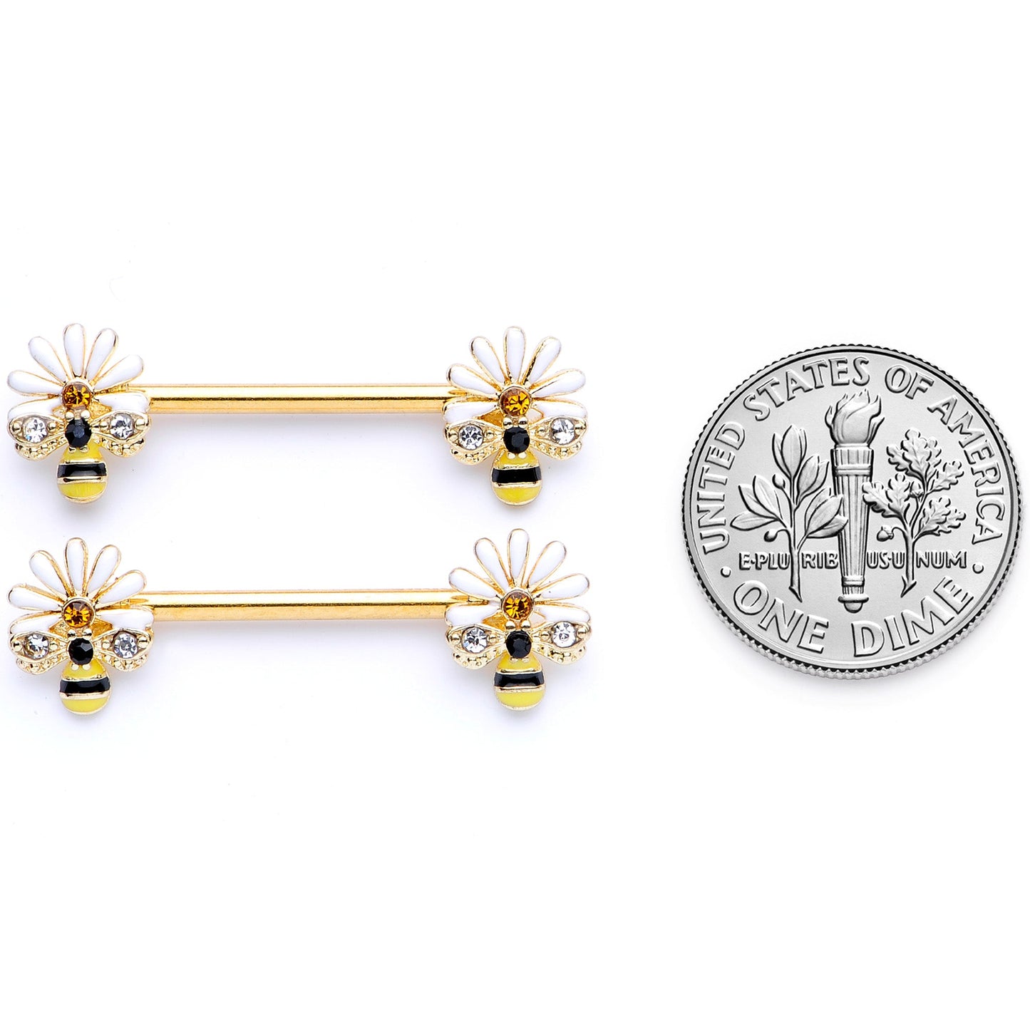 14G 9/16 Clear Gem Gold Tone Flower Bee Barbell Nipple Ring Set